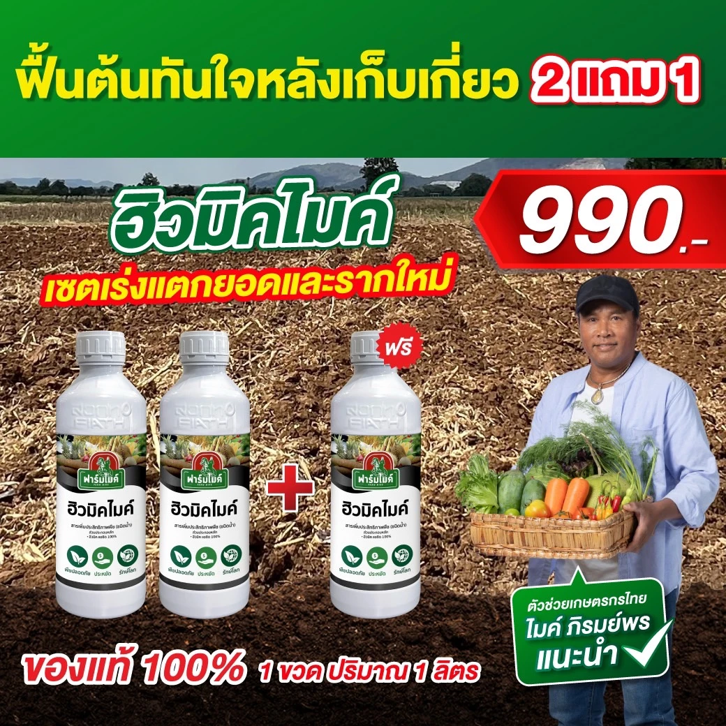 ฮิวมิคไมค์ 2 ขวด เเถม 1 ขวด ไมค์ ภิรมย์พร แนะนำ ฟื้นฟูพืชหลังเก็บเกี่ยวให้พร้อมสำหรับรอบถัดไป ฟื้นต้นทันใจ เร่งราก เร่งแตกยอด